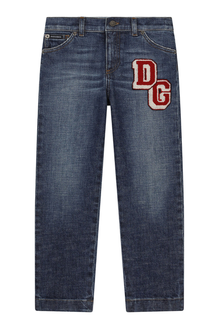 بنطال جينز للأطفال بخمس جيوب ورقعة شعار الماركة